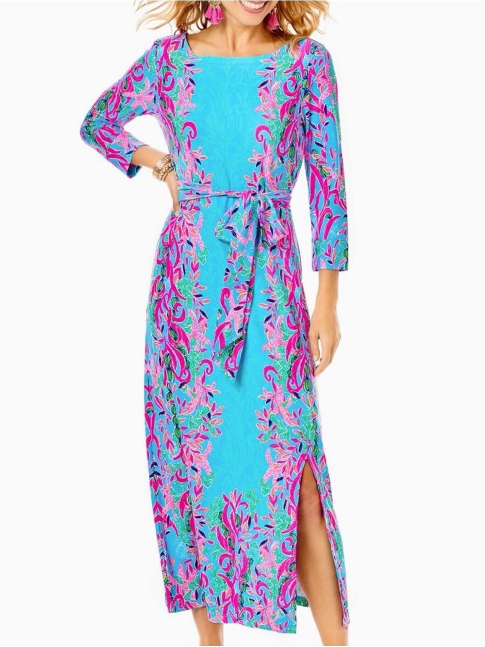NWT Lilly Pulitzer Large Carabella UPF Belted Midi Dress Samba Seaweed Pink/Blue